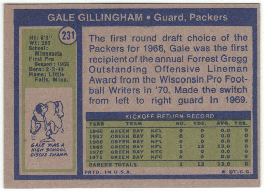 1972 Topps Football #231 Gale Gillingham