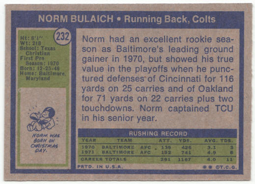 1972 Topps Football #232 Norm Bulaich Rookie Card