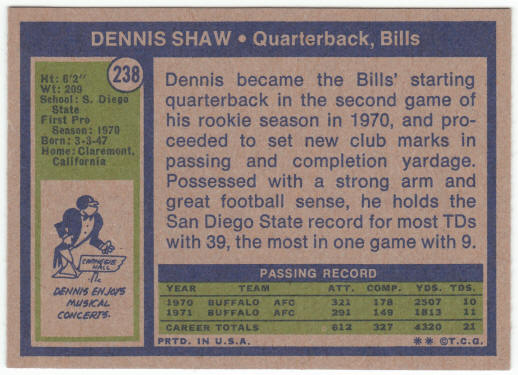 1972 Topps Football #238 Dennis Shaw