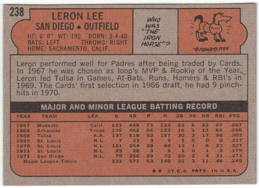 1972 Topps Baseball #238 Leron Lee