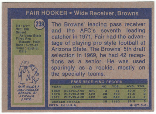 1972 Topps Football #239 Fair Hooker Rookie Card