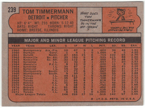 1972 Topps Baseball #239 Tom Timmermann
