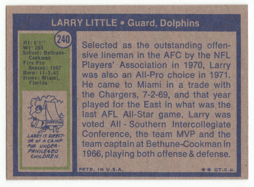 1972 Topps Football Larry Little Rookie Card #240