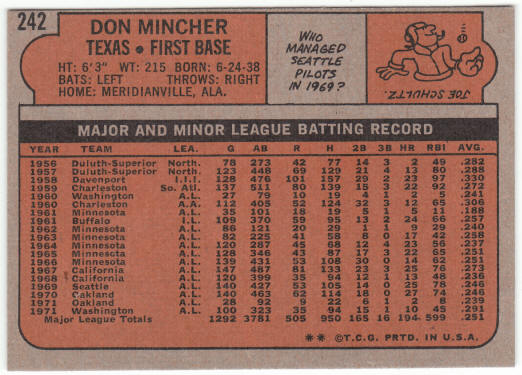 1972 Topps Baseball #242 Don Mincher