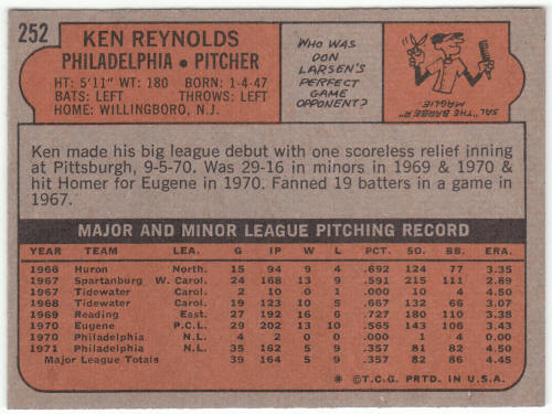 1972 Topps Baseball #252 Ken Reynolds