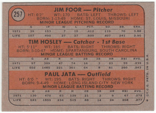 1972 Topps Baseball #257 Detroit Tigers Rookies Jim Foor Tim Hosley Paul Jata