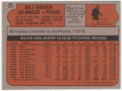 1972 Topps Baseball #25 Bill Singer