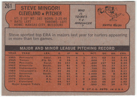 1972 Topps Baseball #261 Steve Mingori