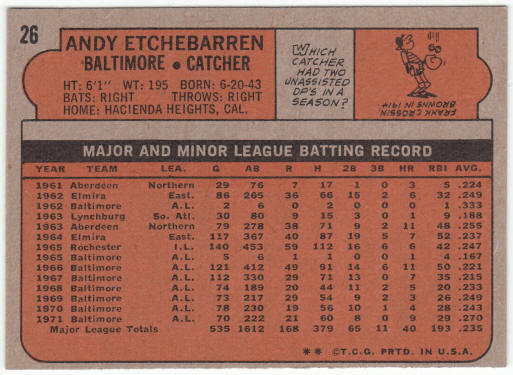 1972 Topps Baseball #26 Andy Etchebarren