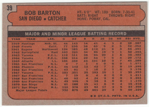 1972 Topps Baseball #39 Bob Barton