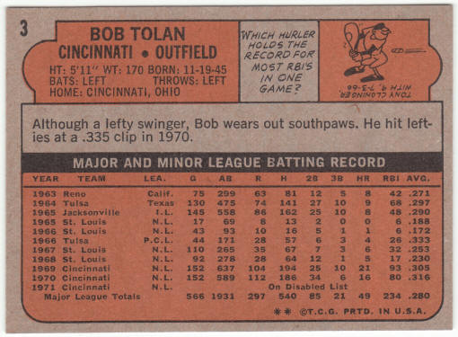 1972 Topps Baseball #3 Bob Tolan