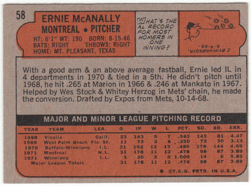 1972 Topps Baseball #58 Ernie McAnally