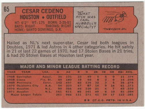 1972 Topps Baseball #65 Cesar Cedeno