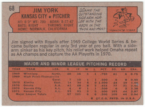 1972 Topps Baseball #68 Jim York Rookie Card