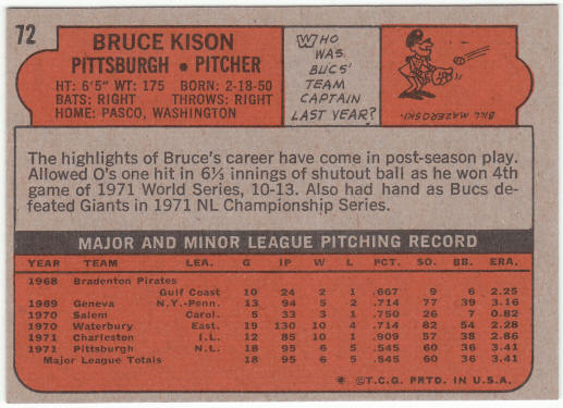 1972 Topps Baseball #72 Bruce Kison Rookie Card