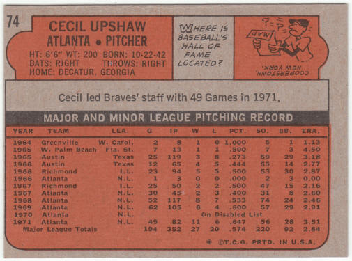 1972 Topps Baseball #74 Cecil Upshaw
