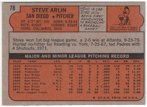 1972 Topps Baseball #78 Steve Arlin Rookie Card