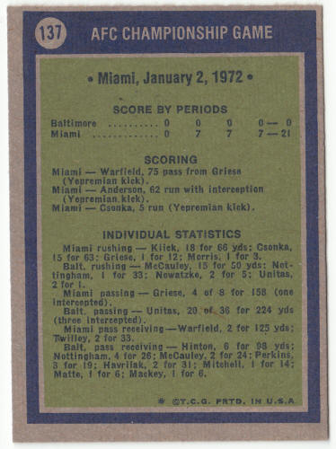 1972 Topps Football #137 AFC Championship Game Johnny Unitas