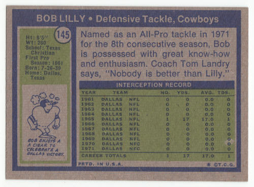 1972 Topps Bob Lilly #145 back