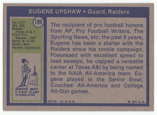 1972 Topps Gene Upshaw Rookie Card #186 Ex/M back