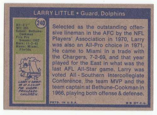 1972 Topps Football Larry Little Rookie Card #240