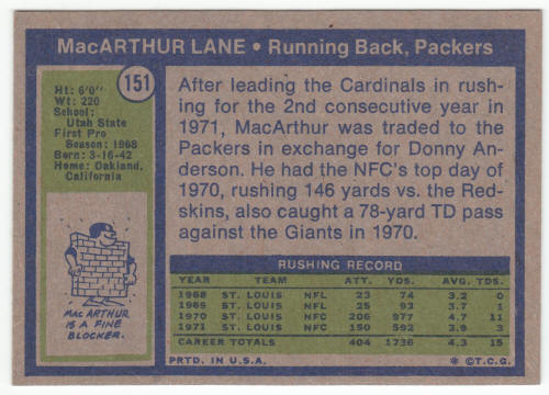 1972 Topps Football #151 MacArthur Lane