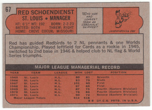 1972 Topps #67 Red Schoendienst back