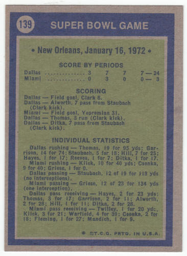 1972 Topps Super Bowl Roger Staubach #139 back