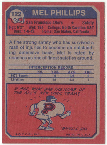 1973 Topps Football #122 Mel Phillips Rookie Card