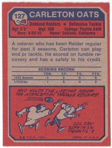 1973 Topps Football #127 Carleton Oats Rookie Card