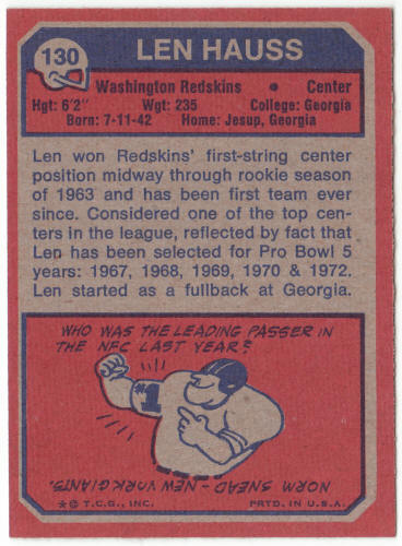 1973 Topps Football #130 Len Hauss