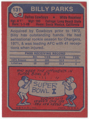 1973 Topps Football #131 Billy Parks Rookie Card