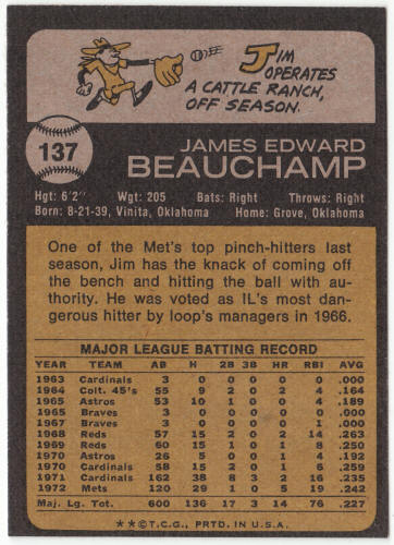 1973 Topps Baseball #137 Jim Beauchamp