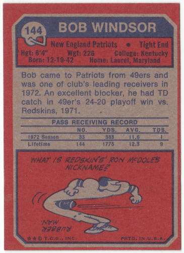 1973 Topps Football #144 Bob Windsor Rookie Card