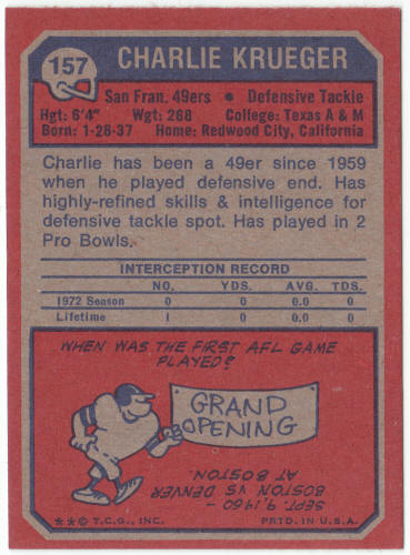 1973 Topps Football #157 Charlie Krueger