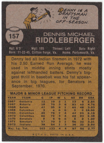 1973 Topps Baseball #157 Denny Riddleberger