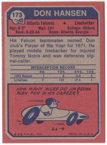 1973 Topps #173 Don Hansen Rookie Card