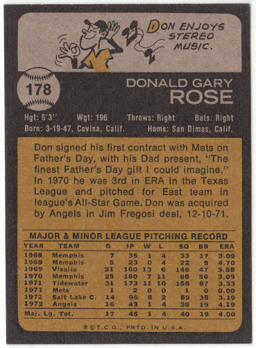 1973 Topps Baseball #178 Don Rose Rookie Card
