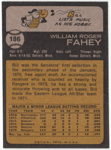 1973 Topps Baseball #186 Bill Fahey