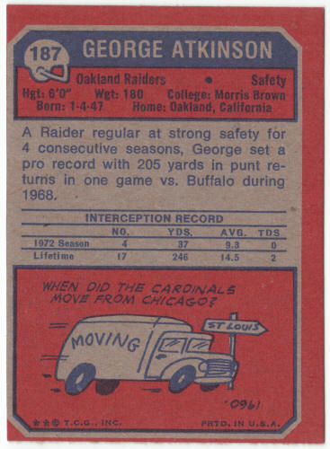 1973 Topps Football #187 George Atkinson