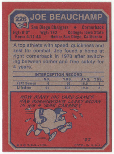 1973 Topps Football #226 Joe Beauchamp UER Rookie Card