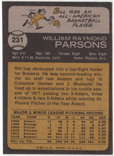 1973 Topps Baseball #231 Bill Parsons