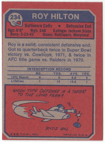 1973 Topps Football #234 Roy Hilton