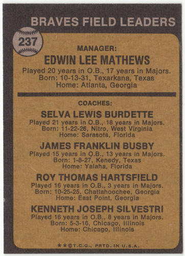 1973 Topps Baseball #237B Eddie Mathews