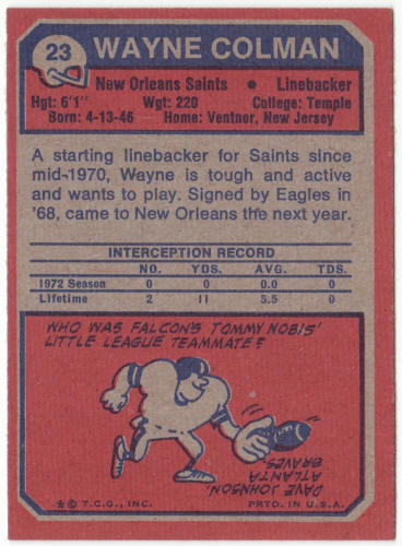 1973 Topps Football #23 Wayne Colman Rookie Card