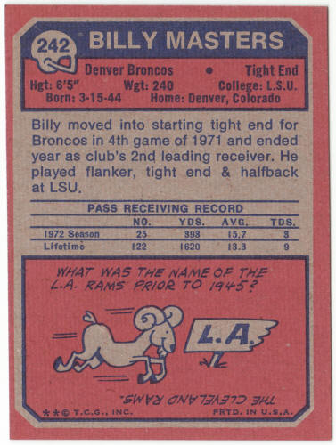 1973 Topps Football #242 Billy Masters Rookie Card