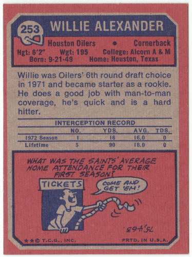 1973 Topps Football #253 Willie Alexander Rookie Card