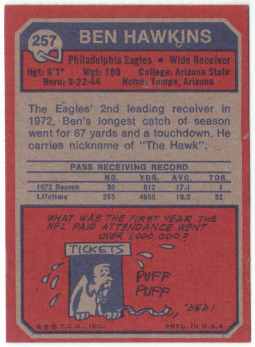 1973 Topps Football #257 Ben Hawkins