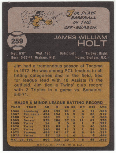 1973 Topps Baseball #259 Jim Holt