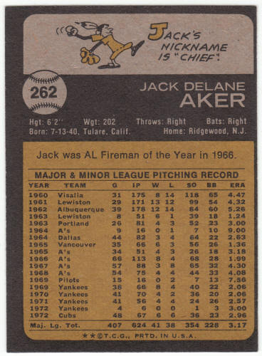 1973 Topps Baseball #262 Jack Aker